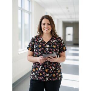 Zoe & Chloe XL Flowers V-Neck Scrub Top Stretch Pockets